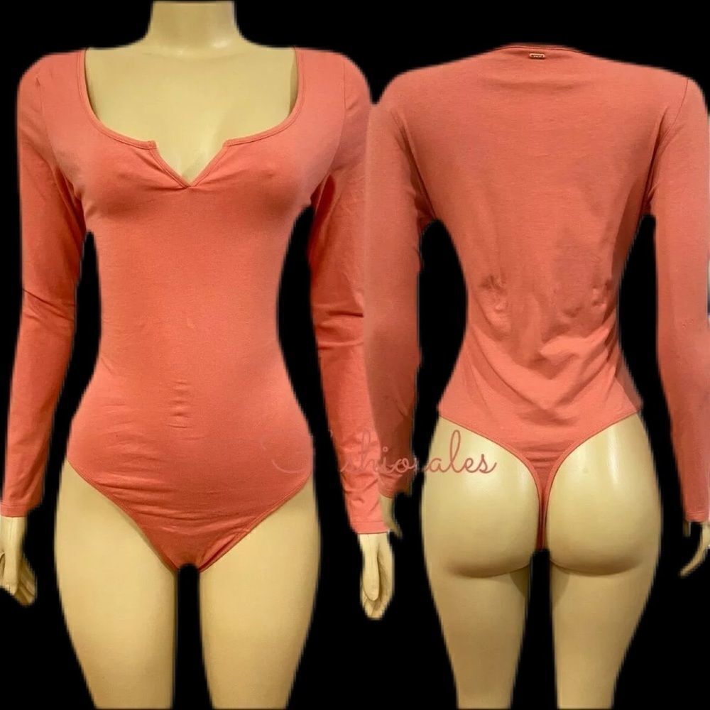 Victorias Secret Pink Soft Cotton Long Sleeve Bodysuit Shirt Top Pale coral